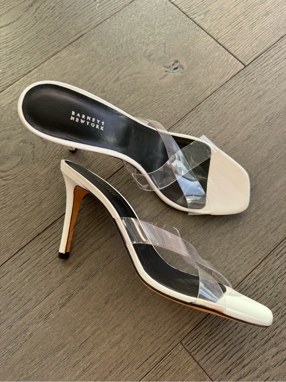 Barneys New York White and Clear Slip-On Stiletto Sandals
